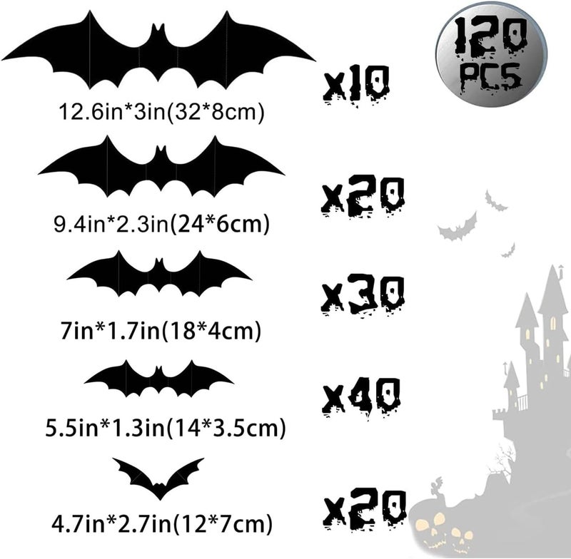 CESOF Halloween 3D Bats Wall Decor - 120 Pcs 5 Sizes Matte Black PVC Reusable DIY Stickers, Vintage Decals for Home, Porch, Door, Indoor Outdoor Party Supplies - Image 5